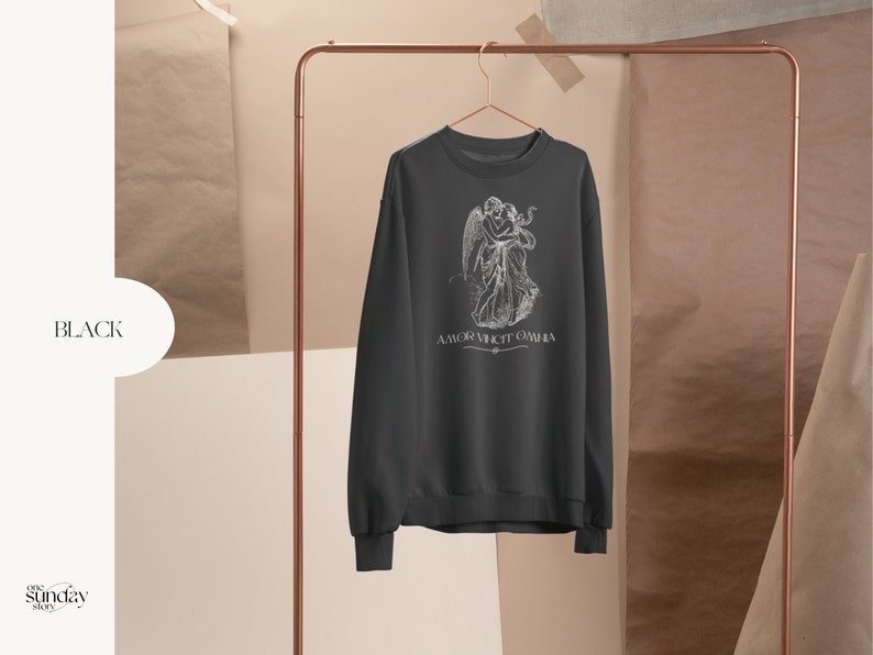 May include: Black sweatshirt with a white graphic print of two angels embracing. The text "AMOR VINCIT OMNIA" is printed below the graphic.
