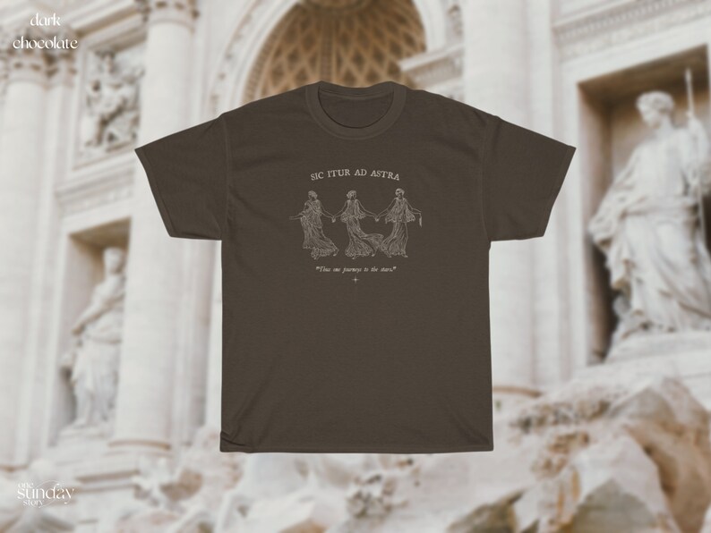 May include: A dark brown t-shirt with a white graphic of three figures holding hands and the text "Sic Itur Ad Astra" and "Thus we journey to the stars".