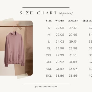 May include: Size chart for a hoodie in imperial measurements. The chart shows the size, width, length, and sleeve length in inches for sizes S through 5XL.