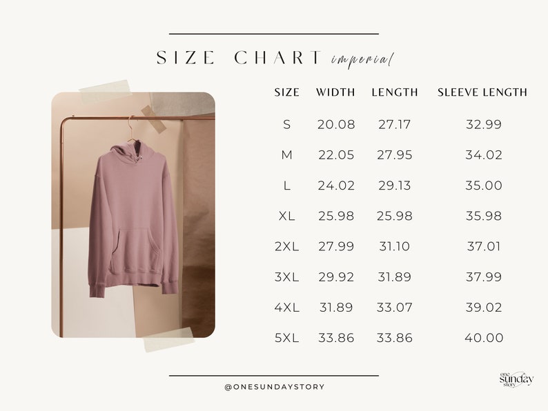 May include: Size chart for a hoodie in imperial measurements. The chart shows the size, width, length, and sleeve length in inches for sizes S through 5XL.