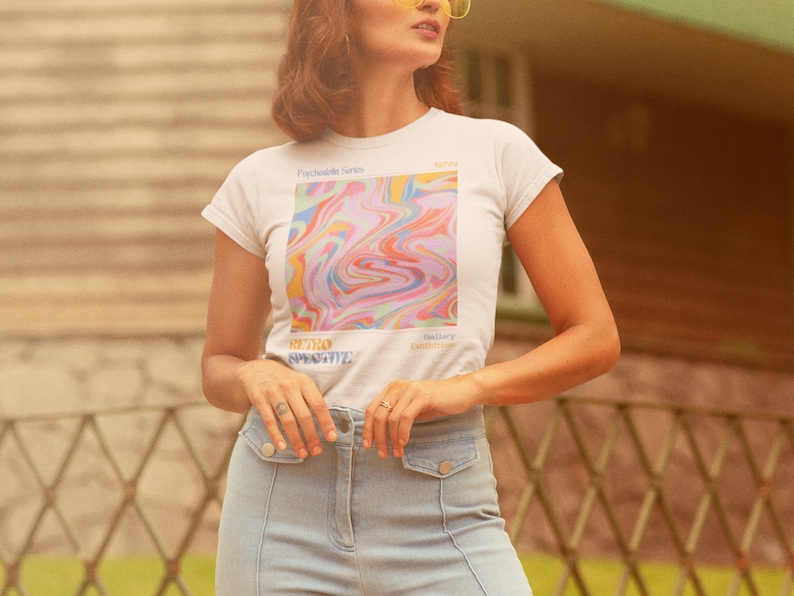 May include: White t-shirt with a colorful abstract design and the text "Psychedelic Series" and "Retro Perspective".