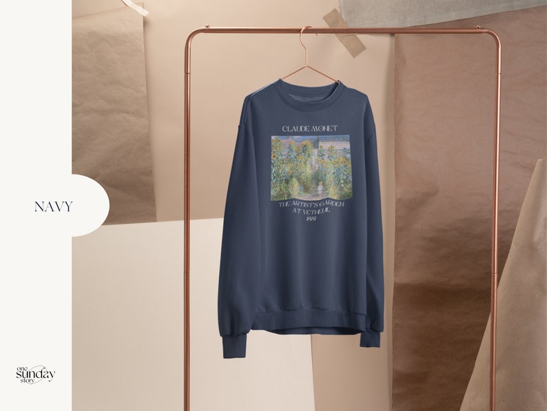 Claude Monet The Artist's Garden At Vétheuil Sweatshirt French Impressionism Sweater Light Academia Artsy Aesthetic Famous Painter Shirt Navy