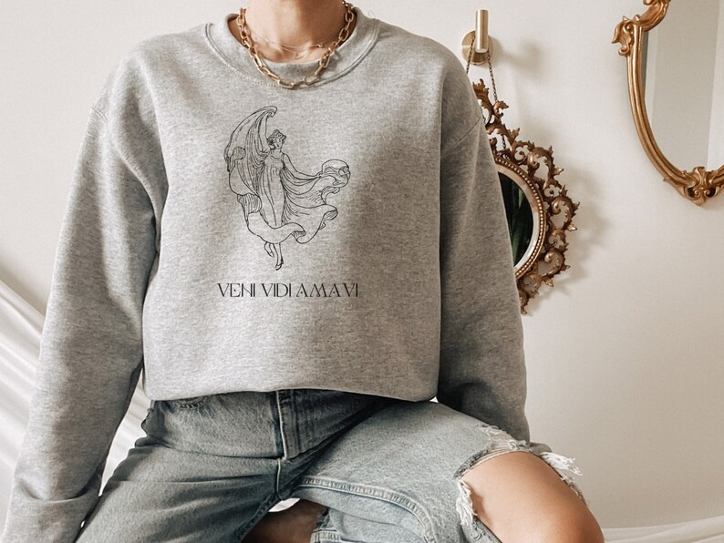 May include: Gray sweatshirt with a black and white illustration of a woman with wings and the text "VENI VIDI AMAVI".