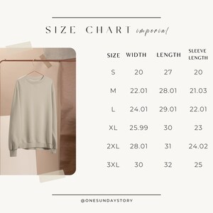 May include: Size chart for a sweatshirt in imperial measurements. The chart shows the size, width in inches, length in inches, and sleeve length in inches. Sizes include S, M, L, XL, 2XL, and 3XL.