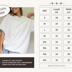 May include: A white Gildan 5000 t-shirt with a classic fit. The size chart shows the length and width in inches for sizes S through 5XL.