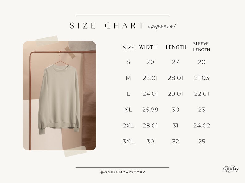 May include: Size chart for a sweatshirt in imperial measurements. The chart shows the size, width in inches, length in inches, and sleeve length in inches. Sizes include S, M, L, XL, 2XL, and 3XL.