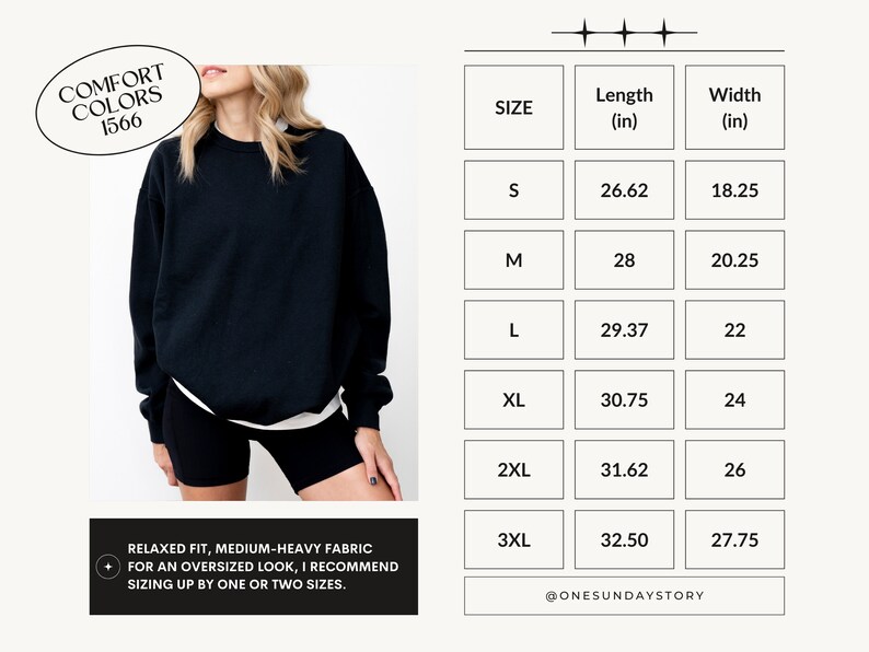 Puede incluir: Sudadera negra de gran tama&ntilde;o con un ajuste relajado y tejido de peso medio. Tabla de tallas con medidas en pulgadas. Texto "COMFORT COLORS 1566" y "@ONESUNDAYSTORY".