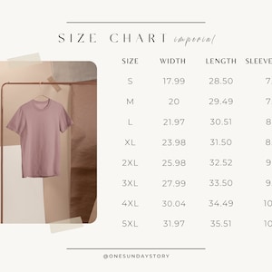 May include: Size chart for t-shirts in imperial measurements. The chart shows sizes S through 5XL with corresponding width, length, and sleeve length measurements in inches.