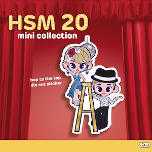May include: A die-cut sticker featuring two cartoon characters, a woman in a blue dress and a man in a suit, standing on a gold ladder. The sticker has the text "HSM 20 mini collection" and "bop to the top die cut sticker". The background is red.