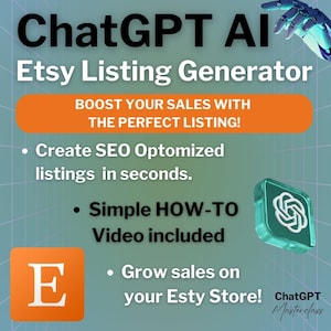 Op de afbeelding: Een afbeelding met de tekst "ChatGPT AI Etsy Listing Generator" in een blauw-wit rasterpatroon. De tekst "BOOST YOUR SALES WITH THE PERFECT LISTING!" staat in een feloranje kader. De tekst "Create SEO Optimized listings in seconds." staat in zwarte tekst. De tekst "Simple HOW-TO Video included" staat in zwarte tekst. De tekst "Grow sales on your Etsy Store!" staat in zwarte tekst. De letter "E" staat in een feloranje kader. De tekst "ChatGPT Masterclass" staat in zwarte tekst.