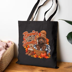 Borsa tote Doodle, borsa shopper autunnale Beanies Boots & Doodles, borsa in tela regalo per amanti dei cani Goldendoodle