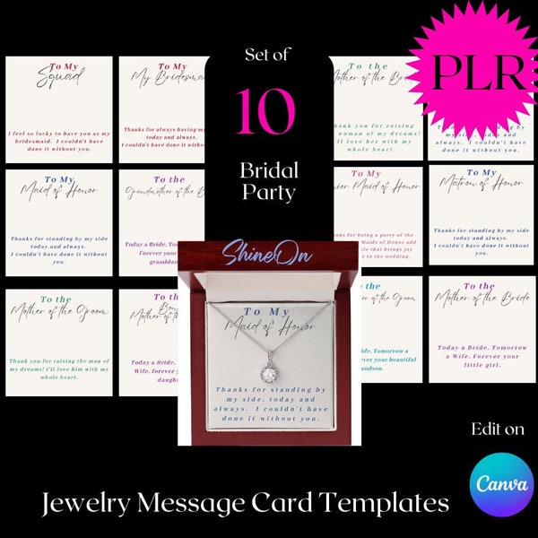 Wedding Bridal Party message cards - ShineON Jewelry Message Card Canva template - Private Label Rights- White Label PLR - RESELL