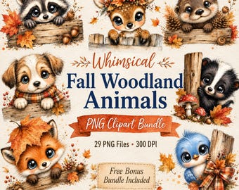 May include: A digital clipart collection featuring illustrations of a raccoon, deer, otter, puppy, skunk, fox, and blue bird surrounded by autumn leaves, wood textures, and mushrooms, with the text Whimsical Fall Woodland Animals PNG Clipart Bundle.