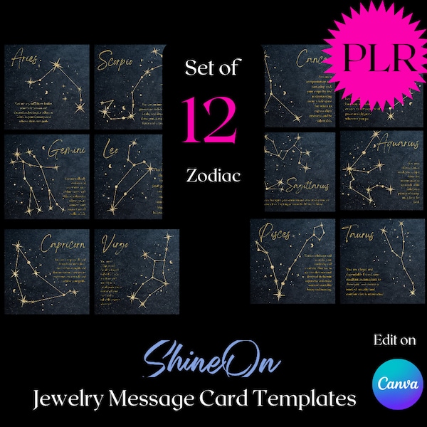 12 Zodiac Canva template for jewelry message cards - ShineON Jewelry Canva template - Private Label Rights- White Label.  PLR - RESELL