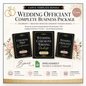 Puede incluir: Un paquete de plantillas de Canva para oficiantes de bodas, que incluye tres cuadernillos negros con espiral titulados Ceremony Prep Questionnaire, Wedding Ceremony Writing Package y Wedding Officiant Contract, además de una hoja de cálculo extra.