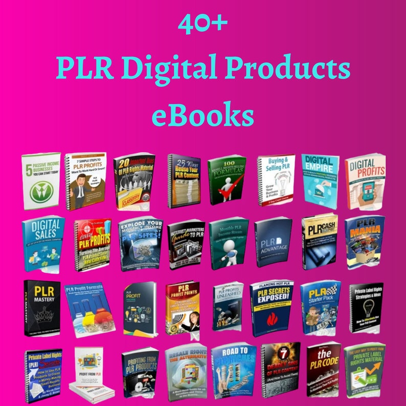 Może przedstawiać: Kolaż ponad 40 okładek ebook&oacute;w z produktami cyfrowymi z tytułami takimi jak "PLR Profits", "Digital Empire", "PLR Cash" i "Profiting from PLR Products".