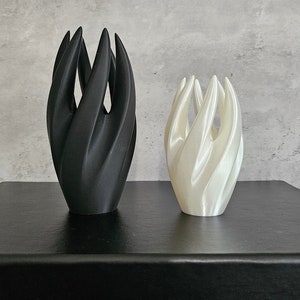 May include: Two 3D printed vases, one black and one white, with a unique, organic, flame-like design. The vases are sitting on a black surface.