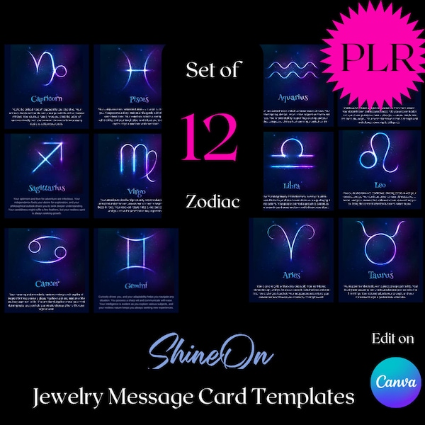 12 Zodiac Canva template for jewelry message cards - ShineON Jewelry Canva template- Private Label Rights- White Label PLR - RESELL