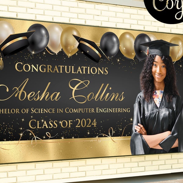 Graduation Outdoor Banner Editable Graduation Banner Black and Gold Graduation Sign Graduation Backdrop Custom Banner GRAD01