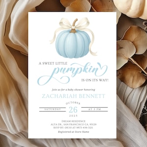 Sweet Little Pumpkin Is On The Way Baby Shower Invitation, Blue Pumpkin Bow Boy Baby Shower, Fall Autumn Design, Fall Baby Shower Template