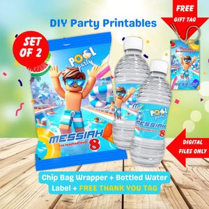 Pool Party Favors Bundle, bearbeitbarer Chip Beutel Wrapper & Wasserflaschenetikett für Jungen Geburtstag, Sommer Splash Party Dekor Vorlage