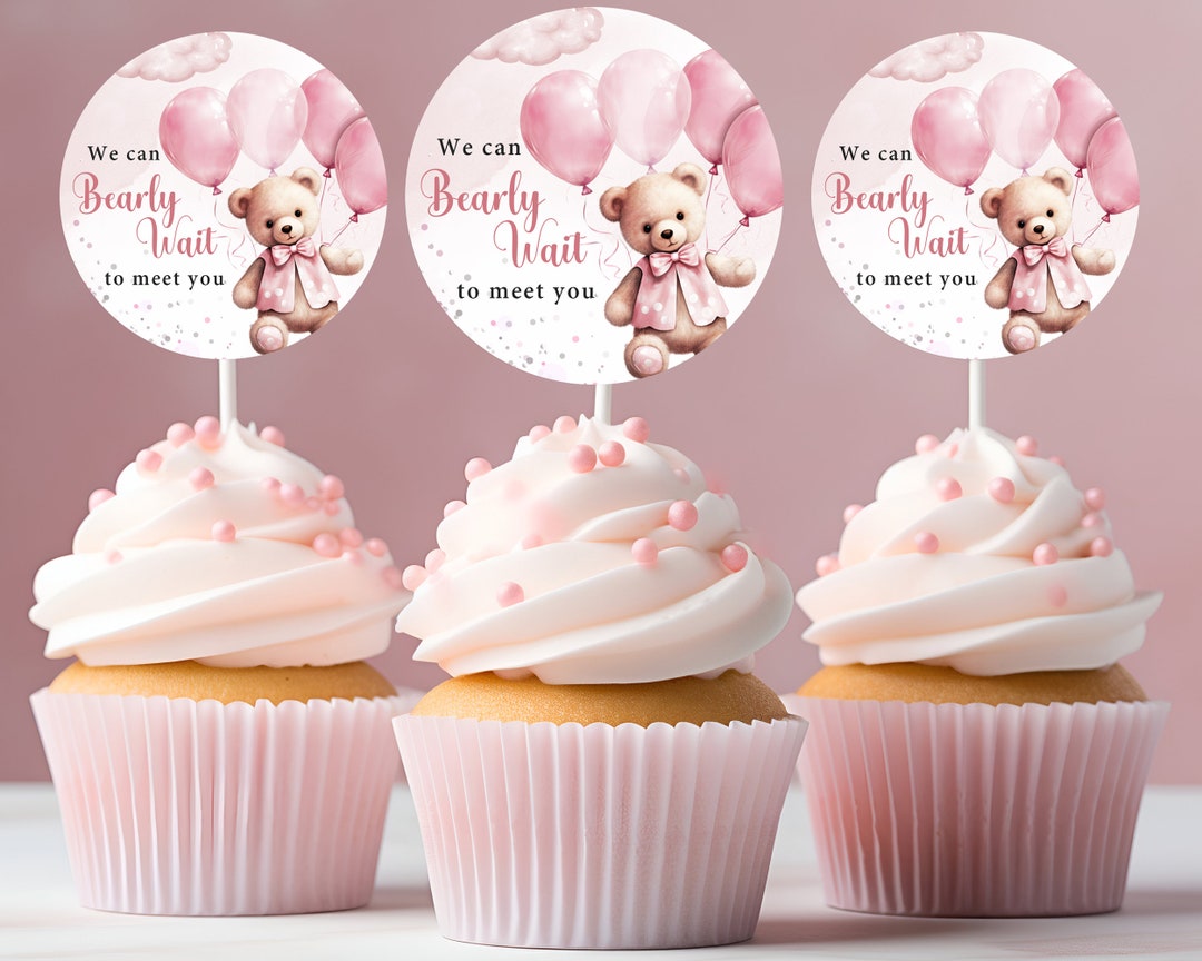 Teddy Bear Baby Shower Cupcake Topper Girls We Can Bearly Wait Pink ...