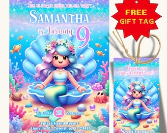 Mermaid Birthday Invitation, Under the Sea Theme, Mermaid Thank you tag, Girls Birthday, Editable Kids Party Invite, Instant Download