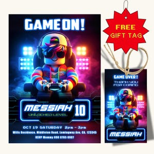 May include: A digital invitation for a 10th birthday party with a video game theme. The invitation features a cartoon character playing a video game with a neon blue and purple background. The text on the invitation reads "Game On! Messiah 10 Unlocked Level" and includes the date, time, and location of the party. A free gift tag is included with the text "Game Over! Thank You For Coming" and the same cartoon character.