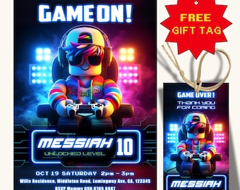 Può includere: Un invito digitale per una festa di compleanno di 10 anni a tema videogiochi. L'invito presenta un personaggio dei cartoni animati che gioca a un videogioco su uno sfondo blu e viola neon. Il testo dell'invito recita "Game On! Messiah 10 Unlocked Level" e include la data, l'ora e il luogo della festa. È inclusa un'etichetta regalo gratuita con il testo "Game Over! Thank You For Coming" e lo stesso personaggio dei cartoni animati.