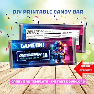 Gamer Boy Birthday Candy Bar Wrapper, Game On Birthday Favor, Level Up, Chocolate Bar Label, Editable Kids Party Decor, Candy Bar Template