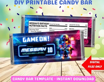 Gamer Boy Birthday Candy Bar Wrapper, Game On Birthday Favor, Level Up, Chocolate Bar Label, Editable Kids Party Decor, Candy Bar Template