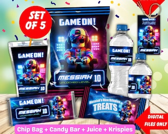 May include: A set of five printable party favor labels featuring a gamer character with the text "Game On! Messiah 10 Unlocked Level". The labels are designed for a chip bag, candy bar, juice box, water bottle, and a thank you tag.