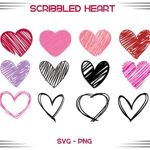 May include: Set of 10 hand-drawn heart illustrations in various colors and styles. The hearts are drawn with a scribbled, freehand look. The text "Scribbled Heart" appears at the top of the image. The text "SVG - PNG" appears at the bottom of the image.