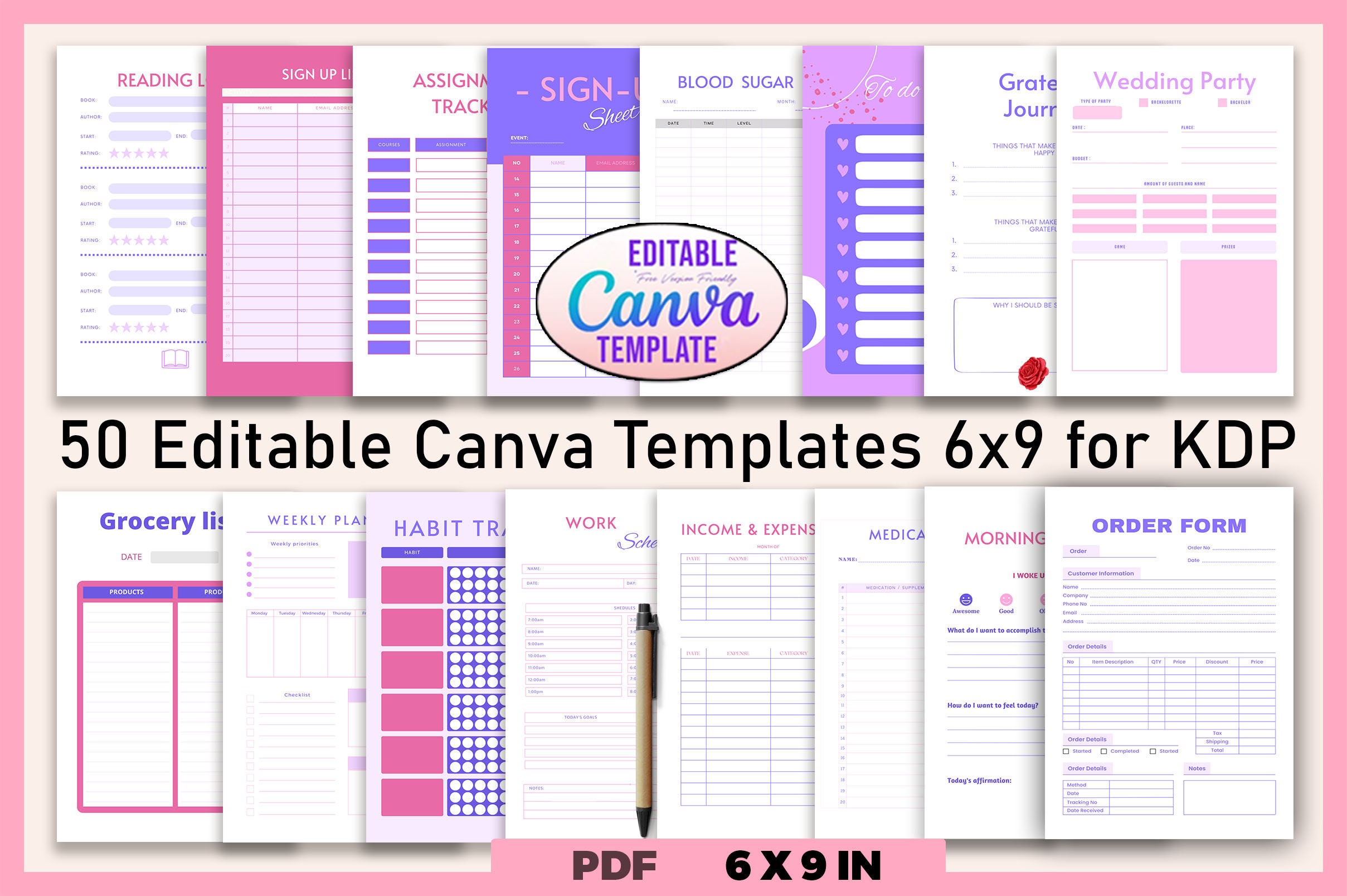50 Editable Canva Templates 6x9 for KDP Bundle ,journal,planner,tracker ...