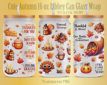 Autumn Libbey Can Glass Wrap PNG: Thanksgiving Tumbler Sublimation Design (Digital Download)