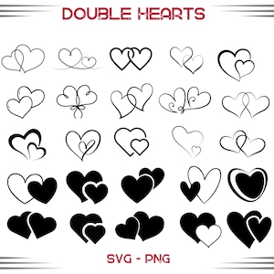 Dubbele harten SVG/PNG-bundel | Twee harten, Valentijnsdag, bruiloft, jubileum, liefdesclipart | Direct downloaden