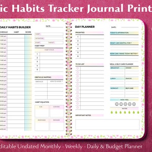 May include: A printable Atomic Habits Tracker Journal with a pink floral border. The journal includes sections for daily habits, day planning, and habit tracking. The journal is 6 x 9 inches and has 18 pages. A pencil is on the left side.