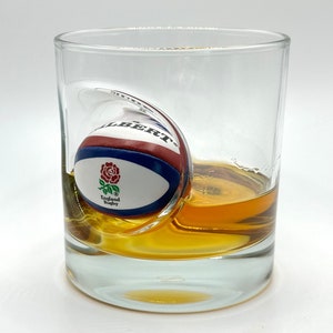 Rugby Whisky Glass | Unique 12oz Mixer Glass with Embedded Souvenir mini Rugby Ball | Rugby Gift | Made in UK | Rugby Gifts for Men