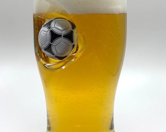 Football Beer Glass with Embedded mini Football | Football Gift For Men | Add Your Team Logo | Made in UK | Christmas Football Present