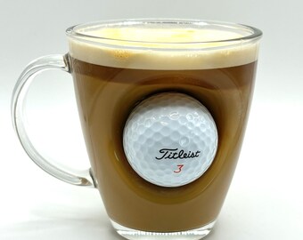 Coffee Glass with Embedded Golf Ball embedded | Unique Birthday golf gift || Fathers Day Golf Present | Birthday Golf Gifts