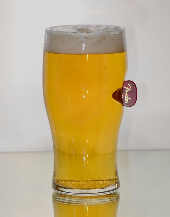 Guitar Gifts for Men | Unique Beer  Glass with Embedded Fender Guitar Plectrum | Handmade in UK | Very Rare Gift for Musicians | Rock & Roll