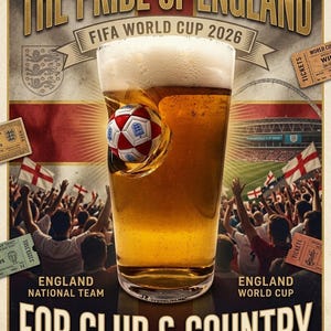 May include: A poster featuring a glass of beer with a soccer ball embedded in the side, text reading THE PRIDE OF ENGLAND FIFA WORLD CUP 2026, ENGLAND NATIONAL TEAM, ENGLAND WORLD CUP, FOR CLUB & COUNTRY, and SUPPORT YOUR LIONS, with stadium imagery.