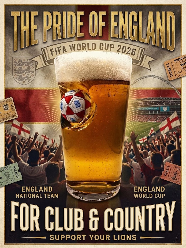 May include: A poster featuring a glass of beer with a soccer ball embedded in the side, text reading THE PRIDE OF ENGLAND FIFA WORLD CUP 2026, ENGLAND NATIONAL TEAM, ENGLAND WORLD CUP, FOR CLUB & COUNTRY, and SUPPORT YOUR LIONS, with stadium imagery.