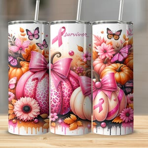 Pink Pumpkin Ribbon Awareness Breast Cancer Survivor Tumbler Wrap 20 oz Skinny Tumbler Sublimation Design Digital Download PNG Instant