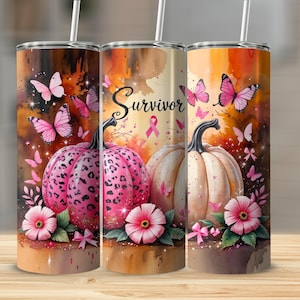 Pink Pumpkin Ribbon Awareness Breast Cancer Survivor Tumbler Wrap 20 oz Skinny Tumbler Sublimation Design Digital Download PNG Instant