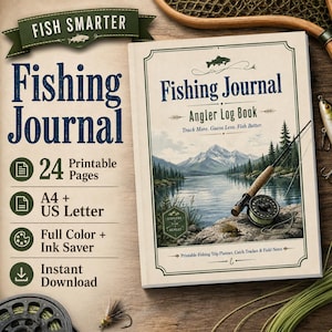 May include: A Fishing Journal Angler Log Book with a cover illustration of a mountain lake and fishing rod. The text reads Fish Smarter, Fishing Journal, Angler Log Book, Track More. Guess Less. Fish Better. It includes 24 printable pages in A4 and US Letter sizes, full colour and ink saver options, and instant download.