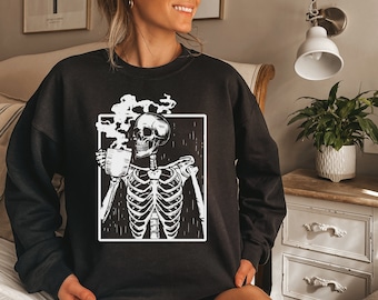 Skeleton Drinking Coffee Sweater, Halloween Party, Coffee Lover Gift, Skeleton Graphic