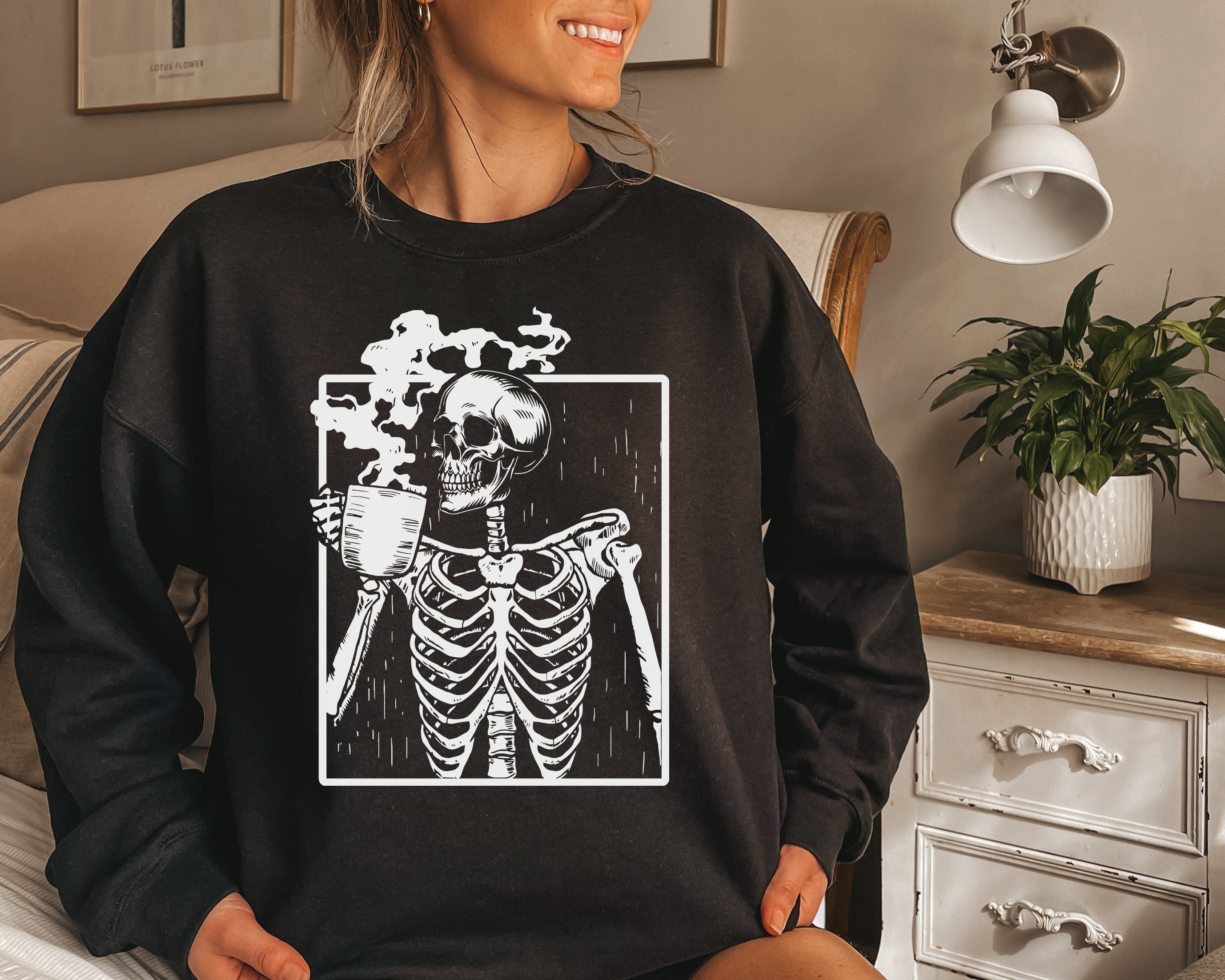 Skull drinking coffee sweatshirt hotsell