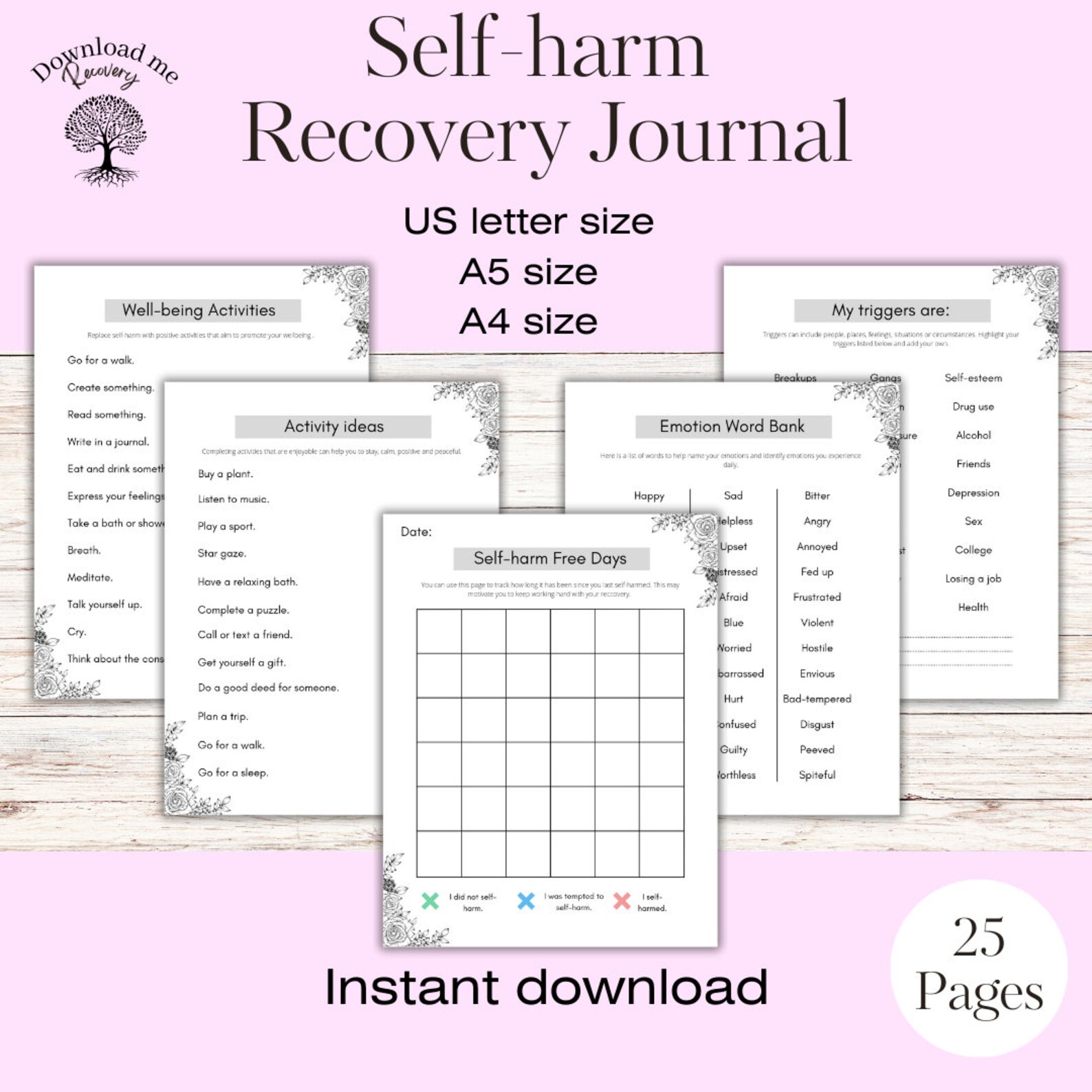 Self-harm Journal Recovey Self Harm Work Sheets Black and White - Etsy UK