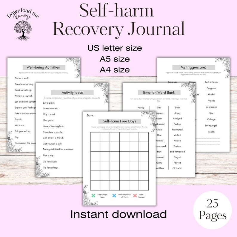 Self-harm Journal Recovey Self Harm Work Sheets Black and White - Etsy UK